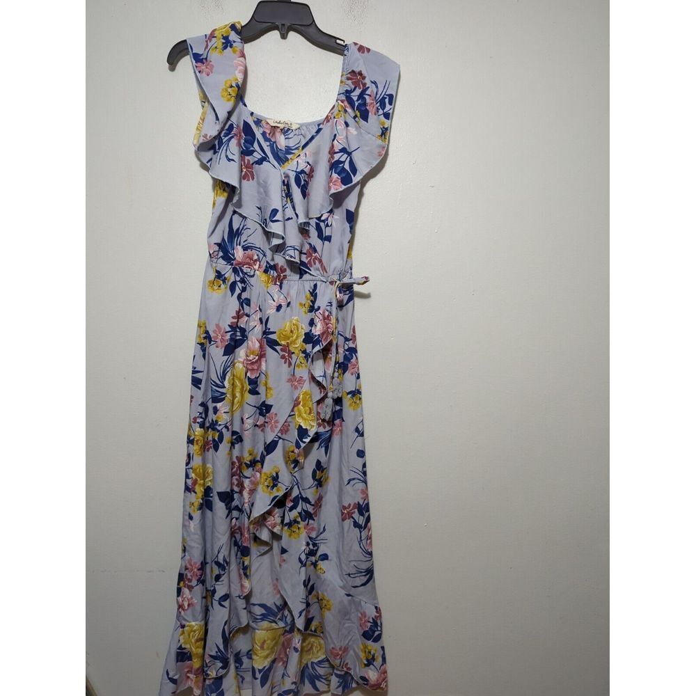 Indulge In‎ Style Floral Ruffle High Low Maxi Dress Lavender Yellow Pink Medium